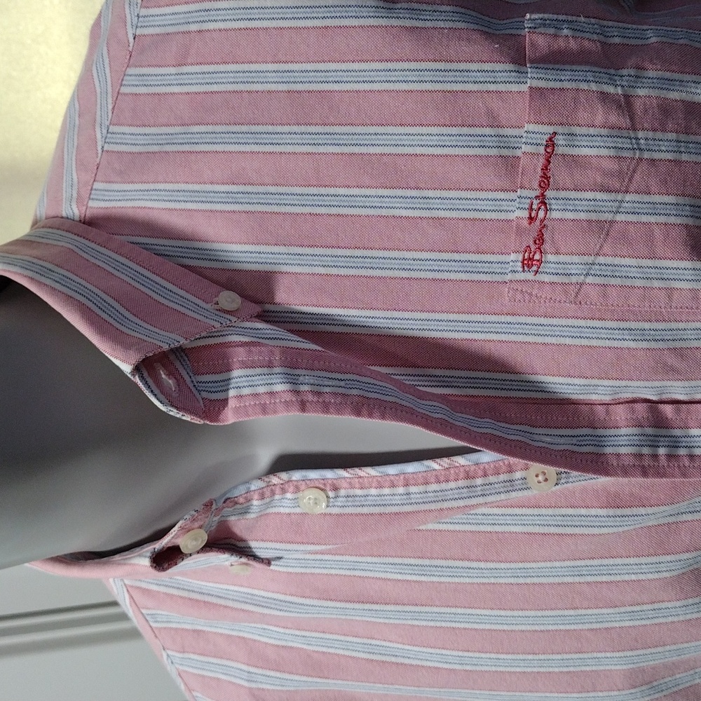 Ben Sherman mens heavy duty cotton pink and blue striped shirt. Large